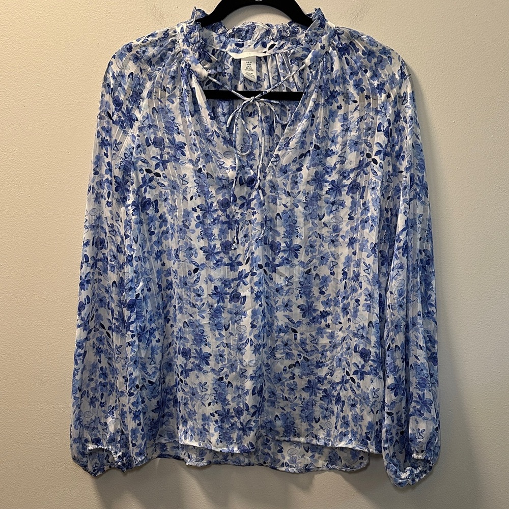 H&M Women’s Blue/White Floral Tie Neck Sheer Long Sleeve Blouse Sz XS